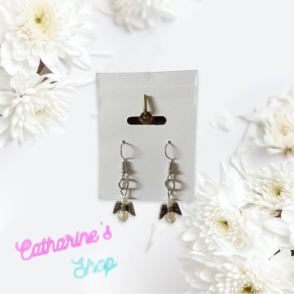 Rodium Angel with Pearl like head and glass Earrings